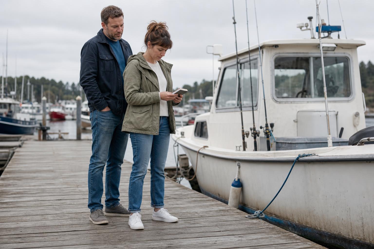 Person reviewing boat affordability beside a boat before buying