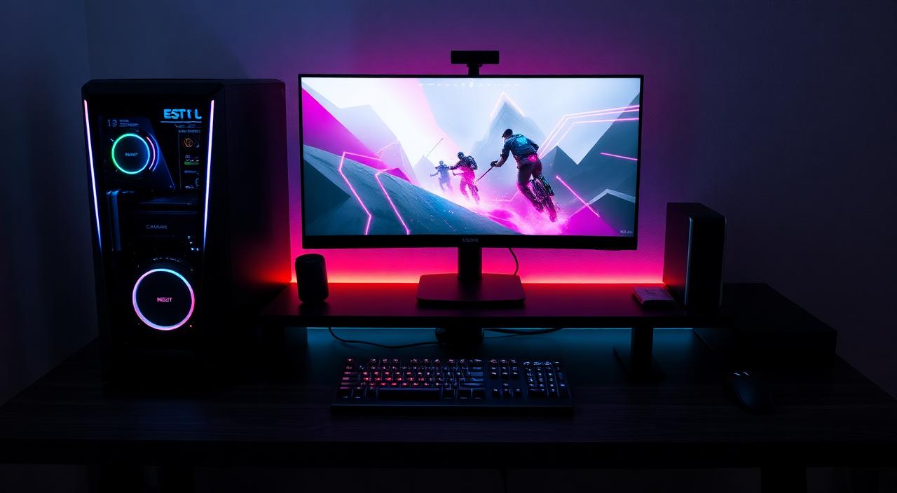 Modern gaming PC setup with mechanical keyboard, ultrawide monitor and ambient RGB lighting