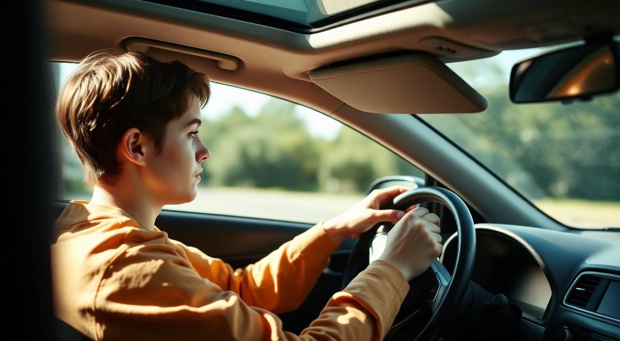 Young driver test-driving a used car, hands on the steering wheel, daylight through the windshield